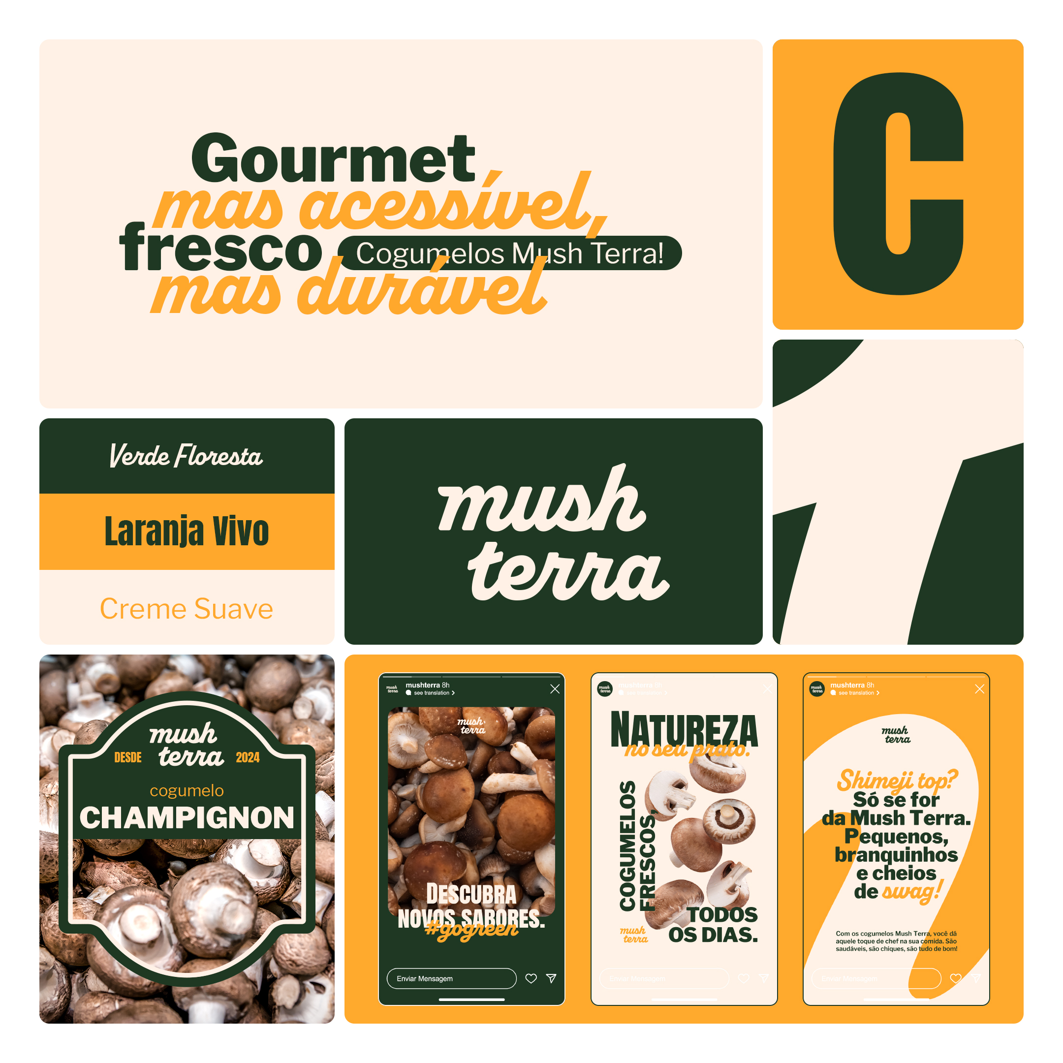 Marca Mush Terra aplicada a embalagens e comunicação de cogumelos, em verde e laranja
