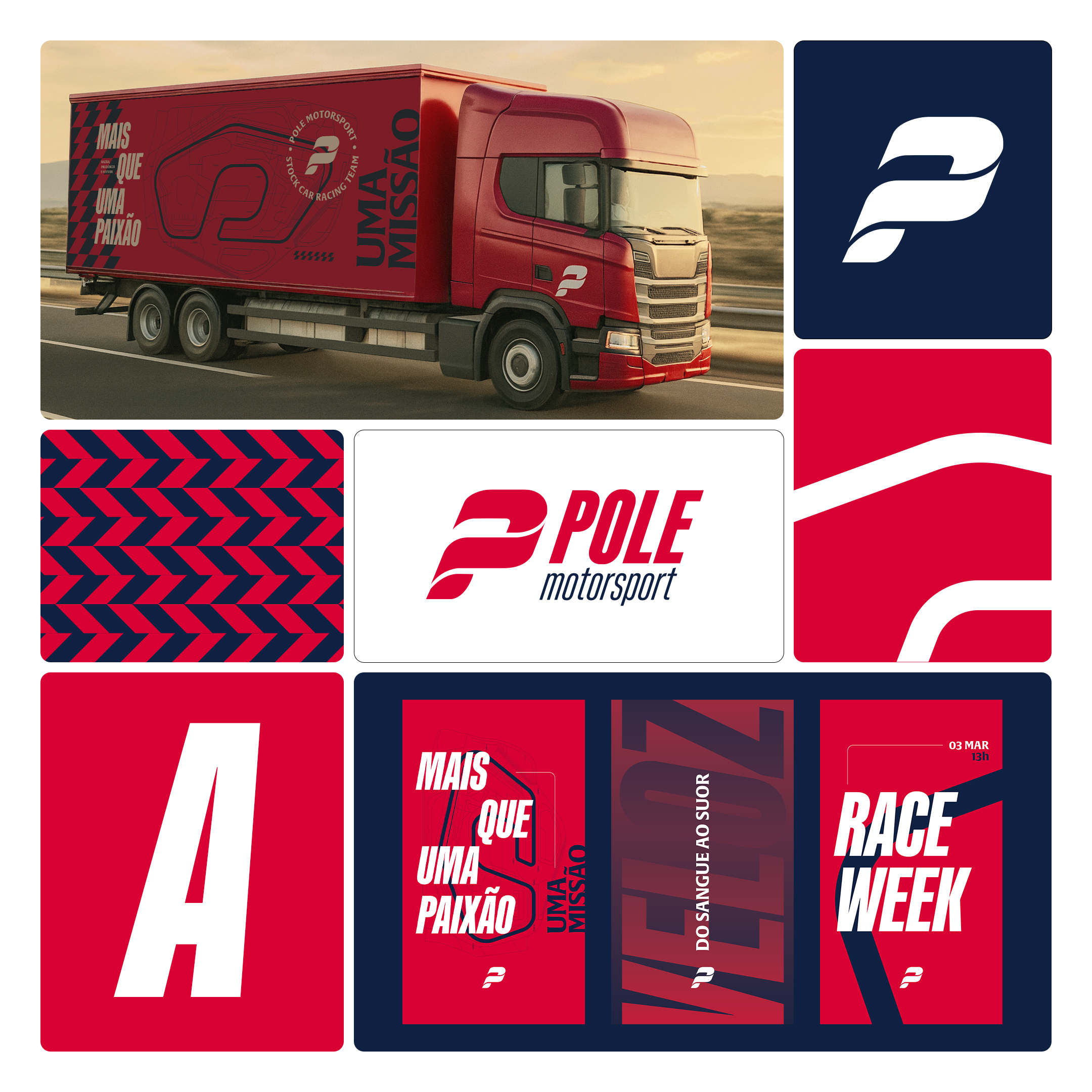 Identidade da Pole Motorsport: caminhão, símbolo e materiais gráficos em vermelho e azul